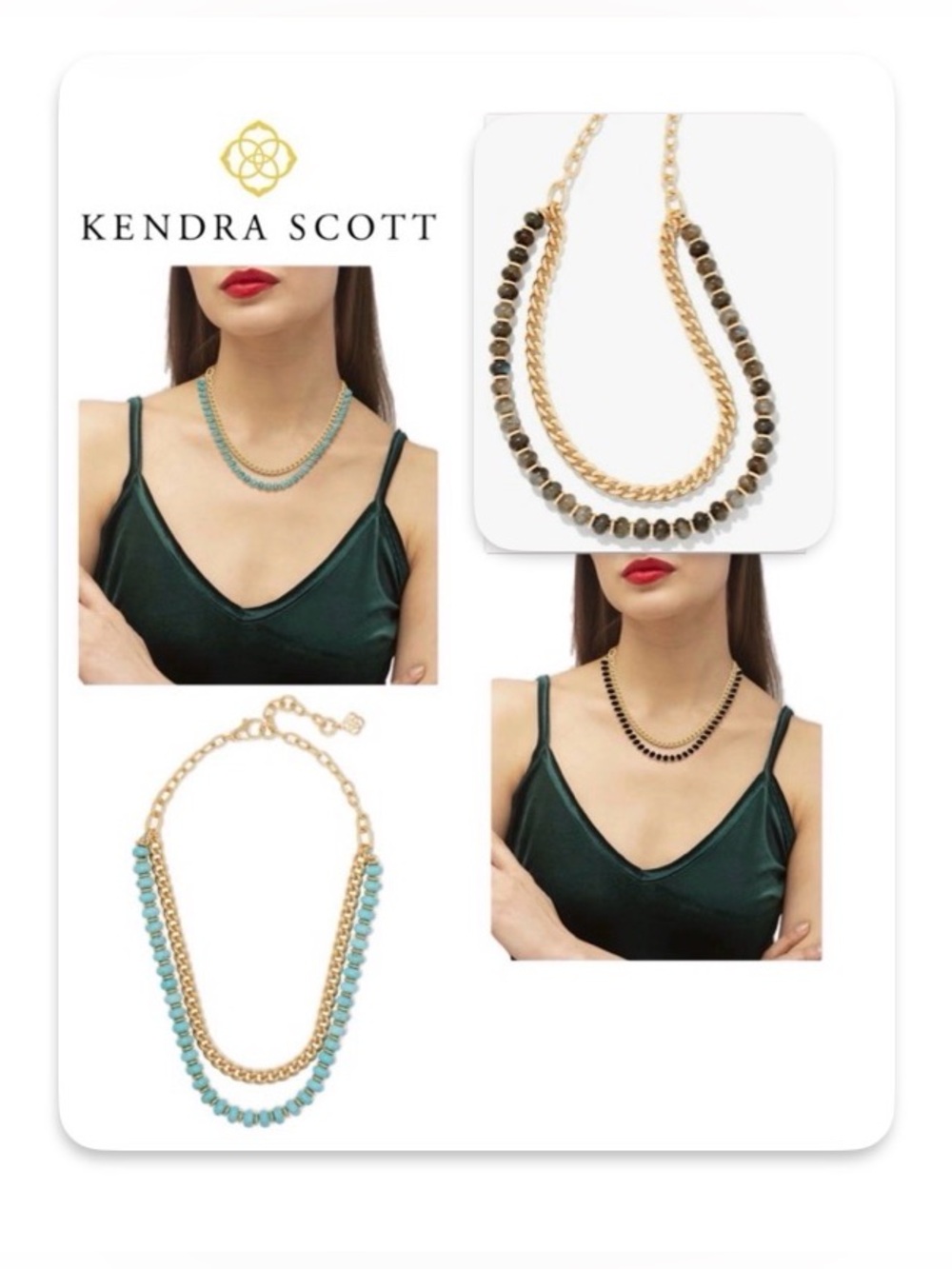 NEW [Kendra Scott] Rebecca Layered Beaded Gold Necklace, Teal or Black/Grey